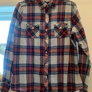 Cotton Women's Red and Blue Plaid Button Down Shirt